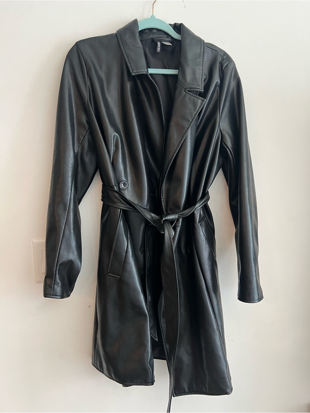 H&M Women’s Black Faux Leather Trench Coat Belted Long Jacket Size L